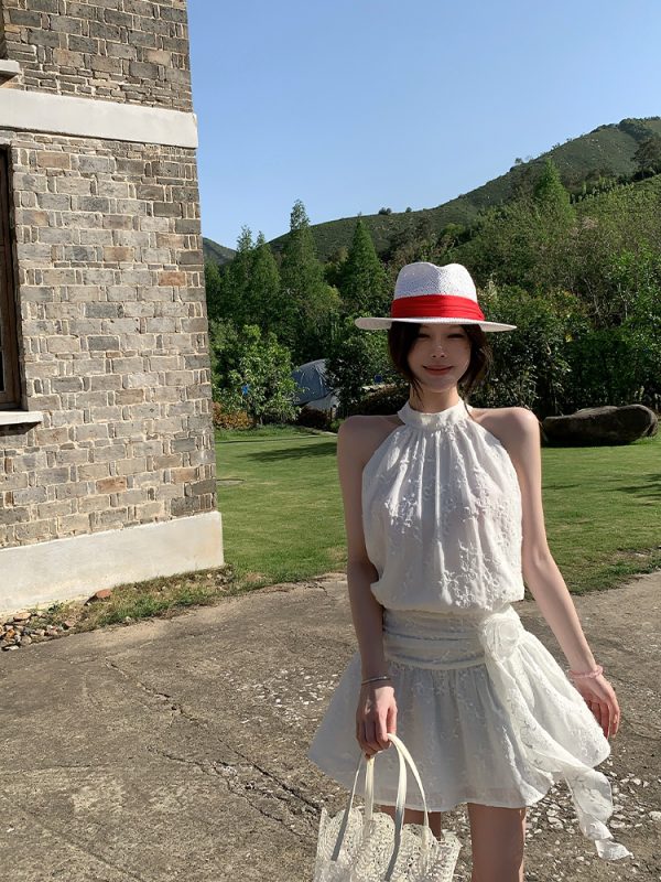 Pure White Magnolia Halter Neck Dress - Summer Waist-Defined French Sleeveless Short Dress for Effortless Chic Style