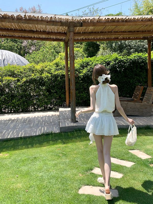 Pure White Magnolia Halter Neck Dress - Summer Waist-Defined French Sleeveless Short Dress for Effortless Chic Style