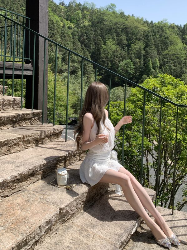 Pure White Magnolia Halter Neck Dress - Summer Waist-Defined French Sleeveless Short Dress for Effortless Chic Style