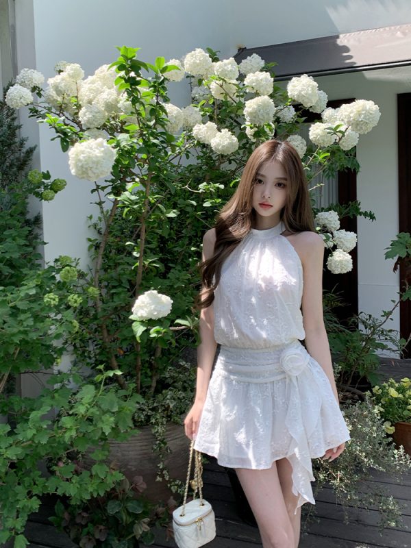 Pure White Magnolia Halter Neck Dress - Summer Waist-Defined French Sleeveless Short Dress for Effortless Chic Style