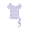 Purple 3D Butterfly Off-Shoulder Knit T-Shirt with Waist-Cinching Fit - Petite Summer Style