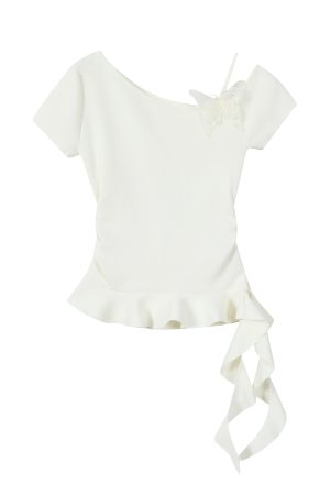 Purple 3D Butterfly Off-Shoulder Knit T-Shirt with Waist-Cinching Fit - Petite Summer Style