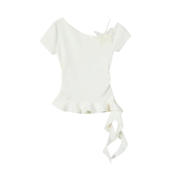 Purple 3D Butterfly Off-Shoulder Knit T-Shirt with Waist-Cinching Fit - Petite Summer Style