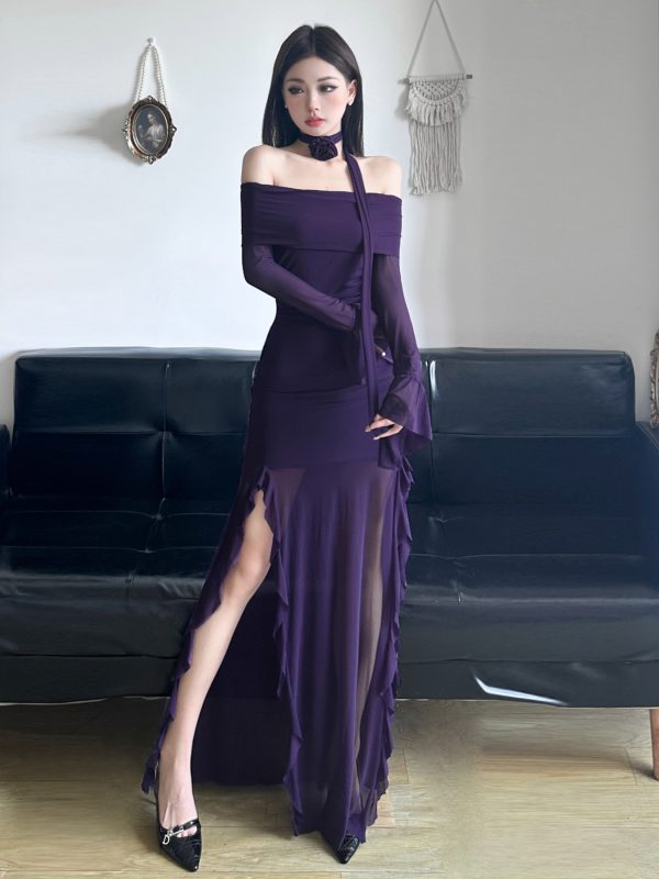 Purple Charm Off-Shoulder Sheer Long Dress with Bell Sleeves - Elegant Split Design for Women, Perfect for Special Occasions