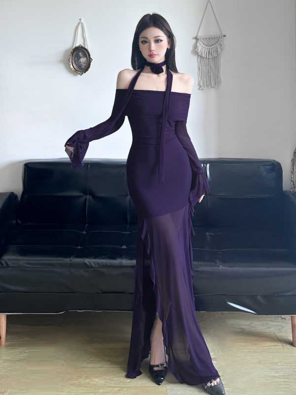 Purple Charm Off-Shoulder Sheer Long Dress with Bell Sleeves - Elegant Split Design for Women, Perfect for Special Occasions