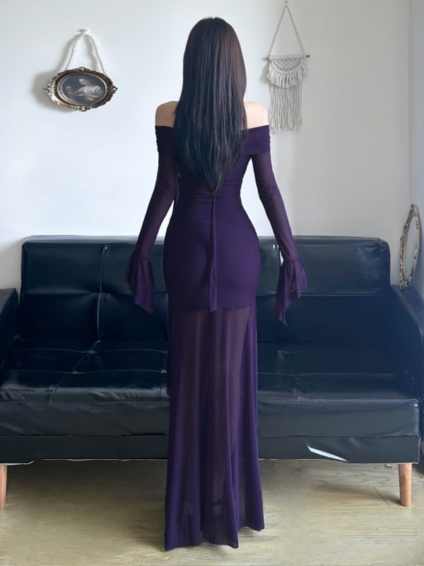 Purple Charm Off-Shoulder Sheer Long Dress with Bell Sleeves - Elegant Split Design for Women, Perfect for Special Occasions