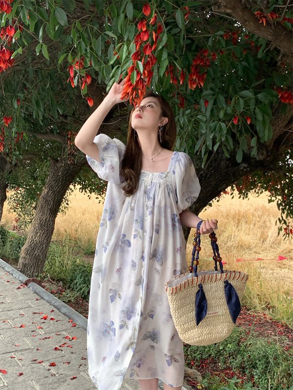 Purple Dream Butterfly Tie-Dye Tassel Short Sleeve Dress for Women - Summer Loose Fit Puff Sleeve Square Neck Fashion Dress