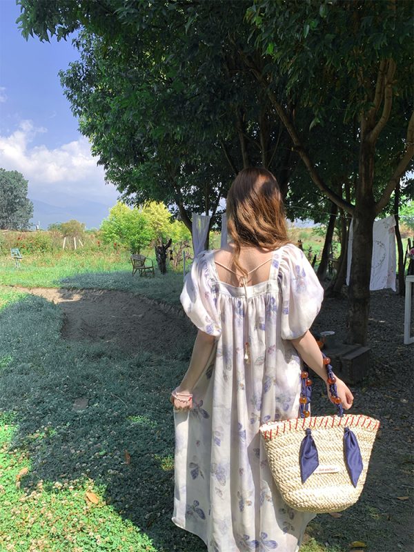 Purple Dream Butterfly Tie-Dye Tassel Short Sleeve Dress for Women - Summer Loose Fit Puff Sleeve Square Neck Fashion Dress