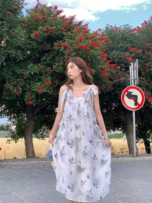 Purple Dream Butterfly Tie-Dye Tassel Short Sleeve Dress for Women - Summer Loose Fit Puff Sleeve Square Neck Fashion Dress