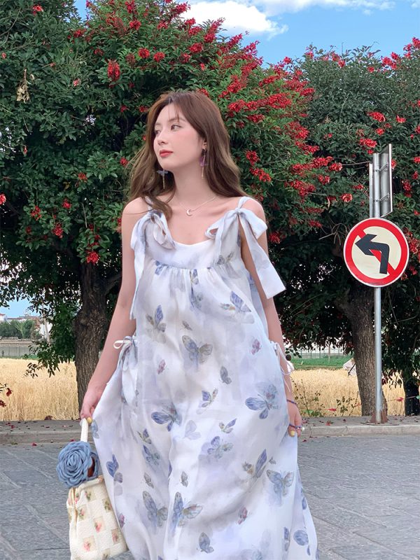 Purple Dream Butterfly Tie-Dye Tassel Short Sleeve Dress for Women - Summer Loose Fit Puff Sleeve Square Neck Fashion Dress
