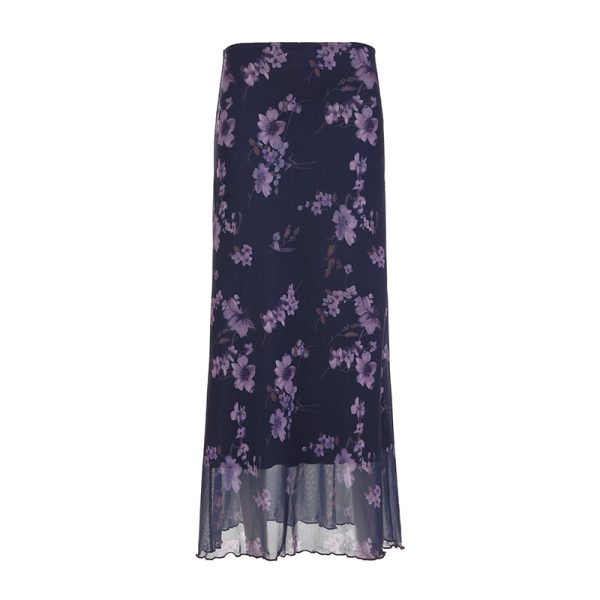 Purple Floral Mesh Long Skirt - Retro Chinese Style Low Waist Vintage Maxi Skirt for Women, Y2K Inspired Fashion