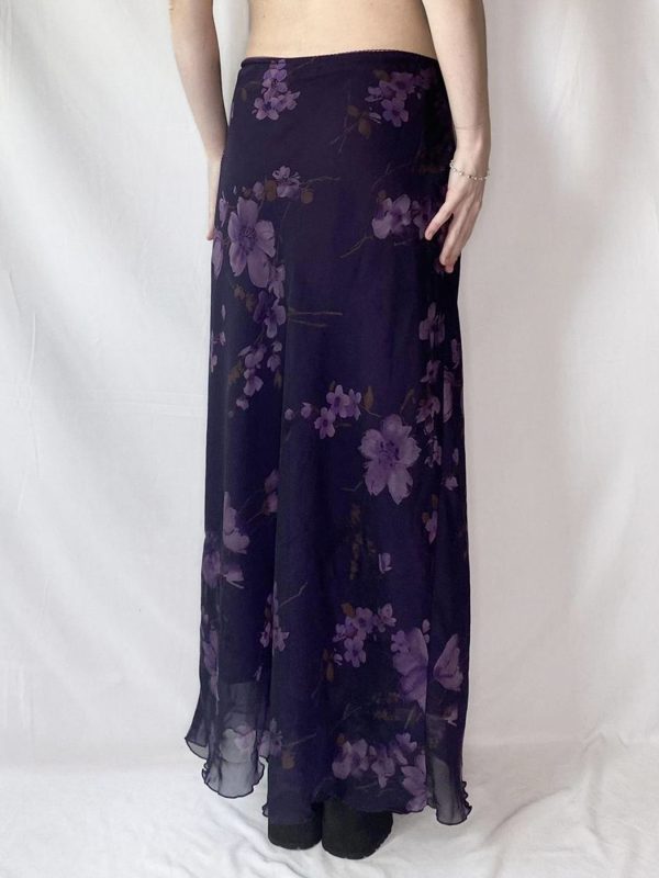 Purple Floral Mesh Long Skirt - Retro Chinese Style Low Waist Vintage Maxi Skirt for Women, Y2K Inspired Fashion