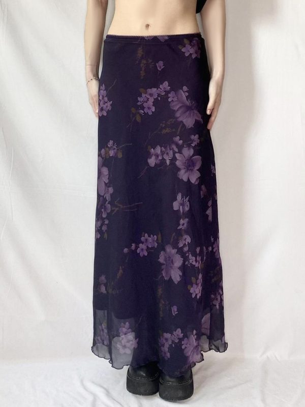 Purple Floral Mesh Long Skirt - Retro Chinese Style Low Waist Vintage Maxi Skirt for Women, Y2K Inspired Fashion