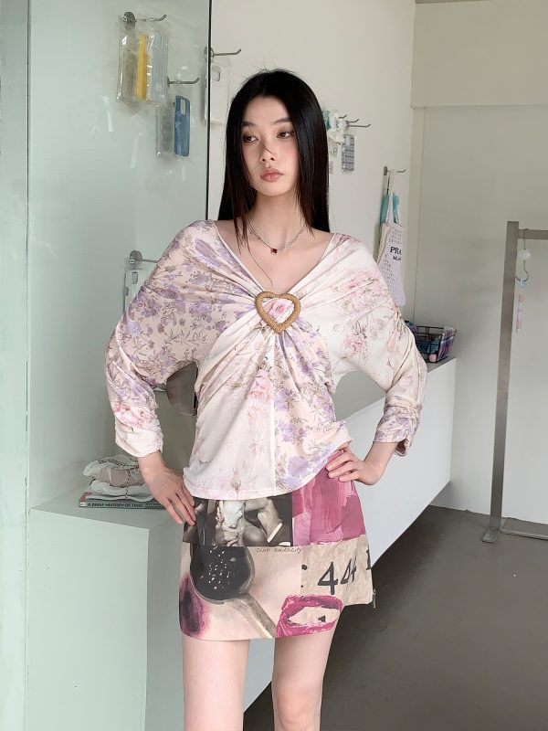 Purple Floral Patchwork V-Neck Knitted Short-Sleeve T-Shirt - Elastic Loose Fit Summer Top for Y2K and 90s Style