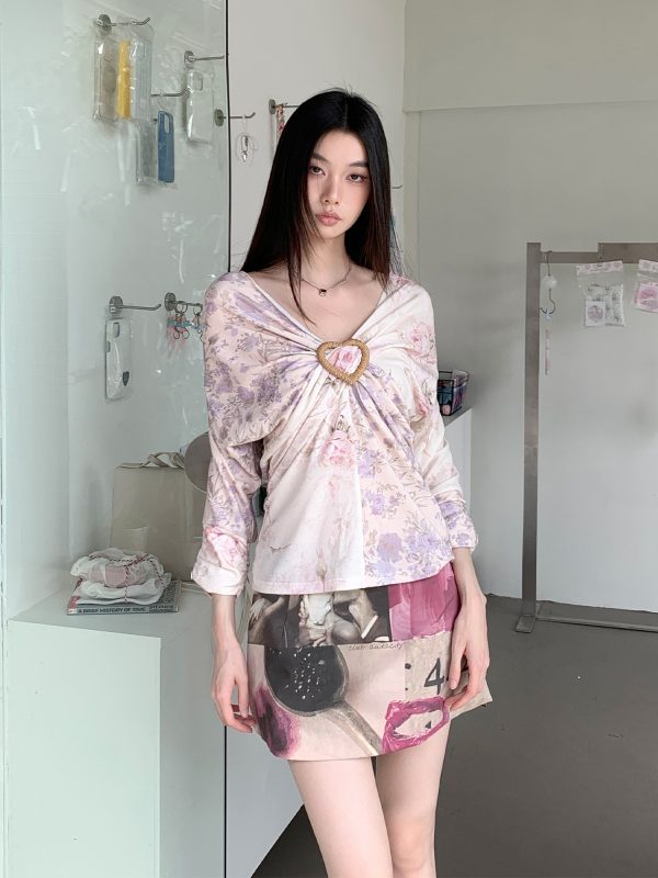 Purple Floral Patchwork V-Neck Knitted Short-Sleeve T-Shirt - Elastic Loose Fit Summer Top for Y2K and 90s Style