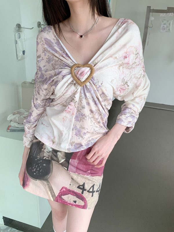 Purple Floral Patchwork V-Neck Knitted Short-Sleeve T-Shirt - Elastic Loose Fit Summer Top for Y2K and 90s Style
