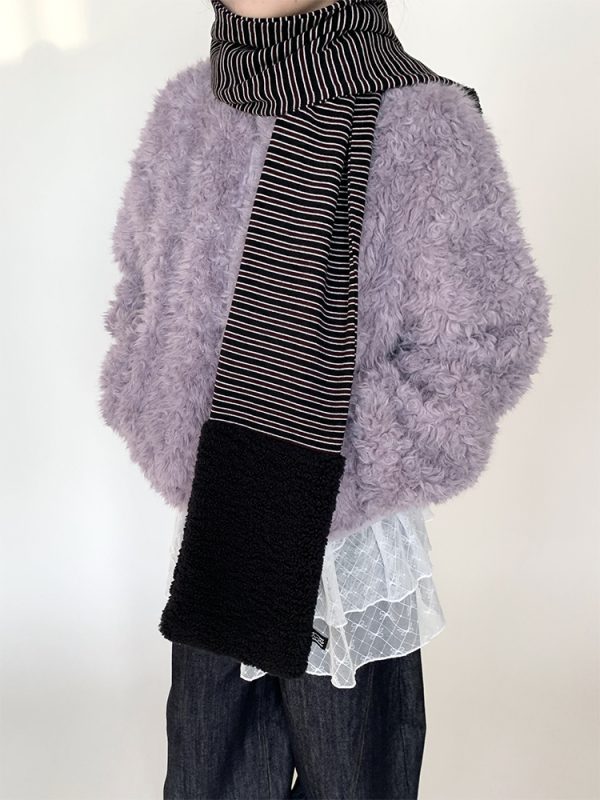 Purple Fluffy Long Lamb Wool Coat for Autumn & Winter, Loose Versatile Short Stand-Up Collar Outerwear