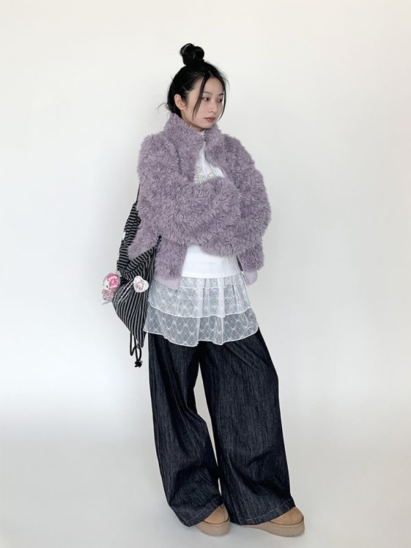 Purple Fluffy Long Lamb Wool Coat for Autumn & Winter, Loose Versatile Short Stand-Up Collar Outerwear