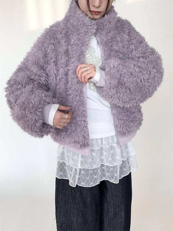 Purple Fluffy Long Lamb Wool Coat for Autumn & Winter, Loose Versatile Short Stand-Up Collar Outerwear