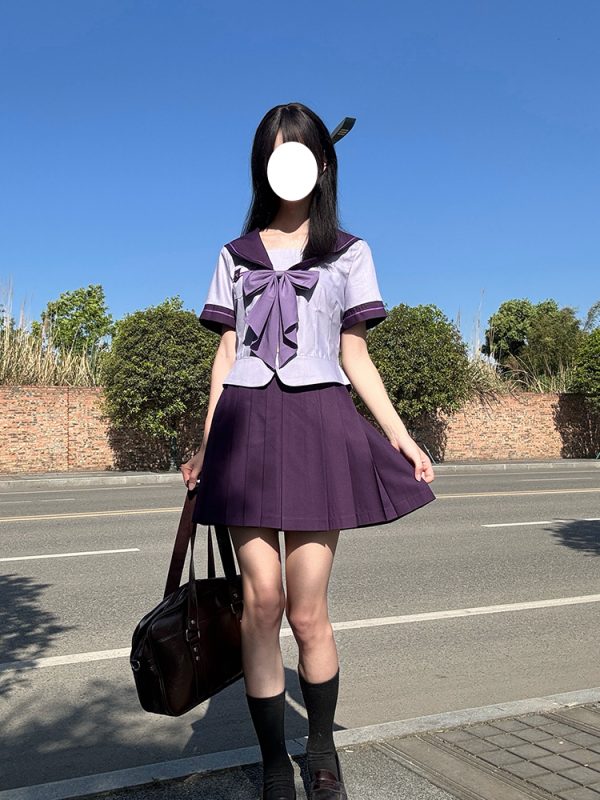 Purple Pudding Bear JK Uniform Sailor Suit with Dotted Navy Collar, College Style, Waist-Defining Slim Fit, Y2K Aesthetic