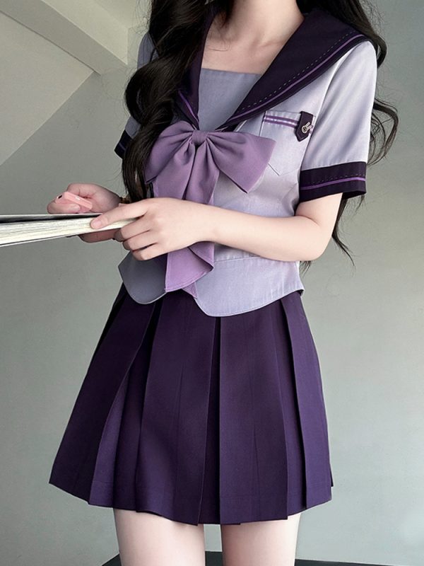 Purple Pudding Bear JK Uniform Sailor Suit with Dotted Navy Collar, College Style, Waist-Defining Slim Fit, Y2K Aesthetic