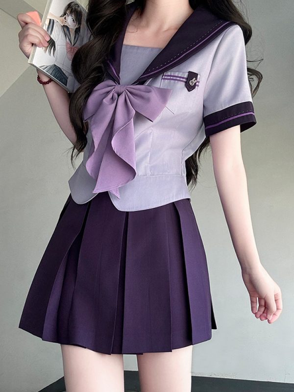 Purple Pudding Bear JK Uniform Sailor Suit with Dotted Navy Collar, College Style, Waist-Defining Slim Fit, Y2K Aesthetic