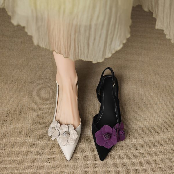 Purple Rose Genuine Leather Pointed Flower Sandals for Women, Summer Low-Heeled Closed-Toe Footwear, Versatile Floral Design