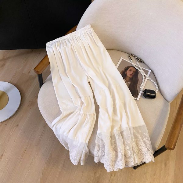 Qipao-Style Wide-Leg Leggings for Forest Girls, Japanese Fresh Style, Elastic Waist, Lace Trim, Cotton-Linen Spliced Pants