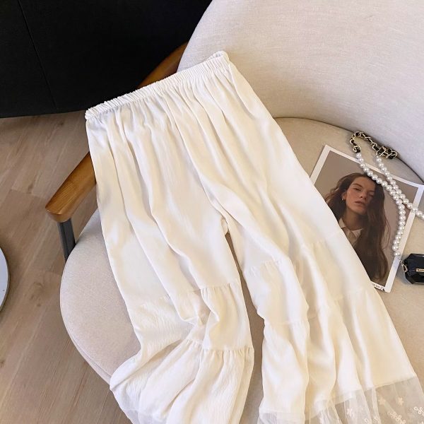Qipao-Style Wide-Leg Leggings for Forest Girls, Japanese Fresh Style, Elastic Waist, Lace Trim, Cotton-Linen Spliced Pants