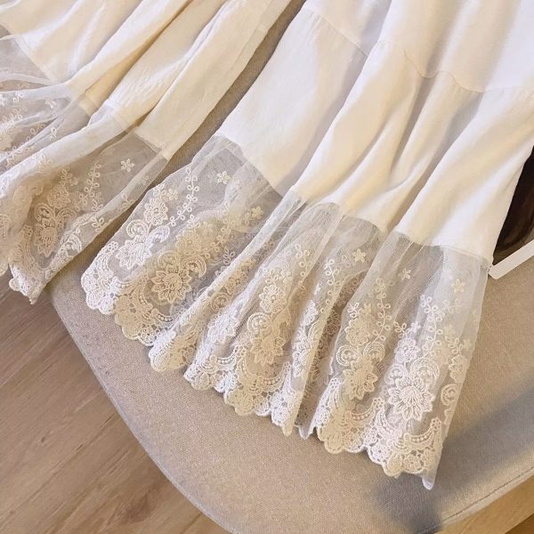 Qipao-Style Wide-Leg Leggings for Forest Girls, Japanese Fresh Style, Elastic Waist, Lace Trim, Cotton-Linen Spliced Pants