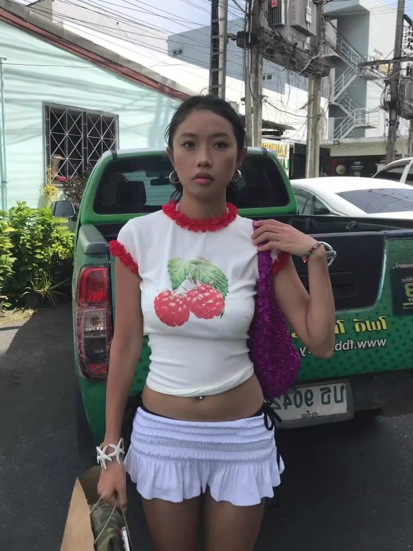 Raspberry Print Red Lace Trim Short Sleeve Top - Slim Fit Pure Cotton Women's Korean Style Fashion