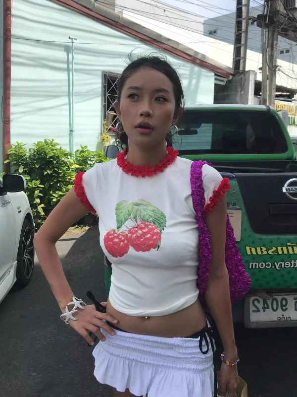 Raspberry Print Red Lace Trim Short Sleeve Top - Slim Fit Pure Cotton Women's Korean Style Fashion