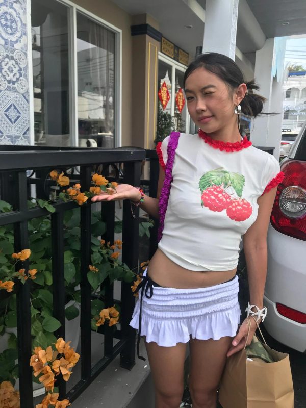 Raspberry Print Red Lace Trim Short Sleeve Top - Slim Fit Pure Cotton Women's Korean Style Fashion