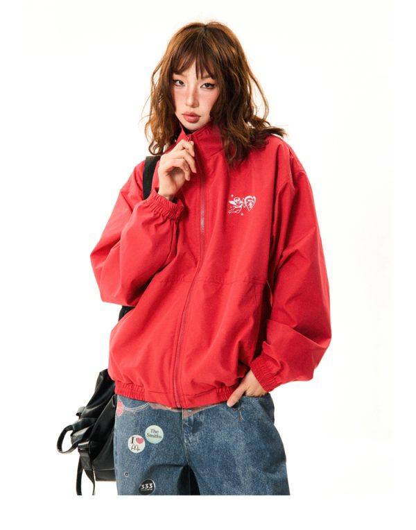 Red American Retro Letter Print Work Jacket for Women - Loose Fit Versatile Spring Jacket in Casual Style
