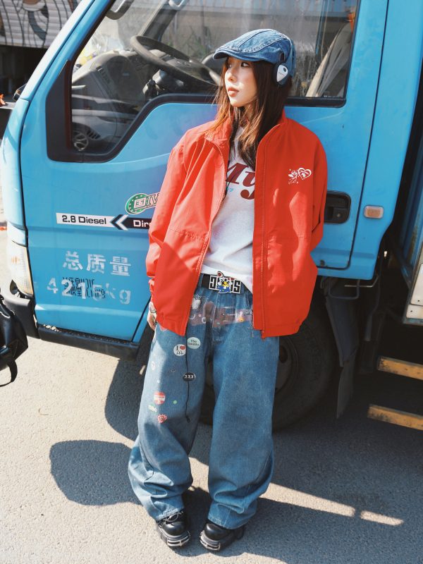 Red American Retro Letter Print Work Jacket for Women - Loose Fit Versatile Spring Jacket in Casual Style