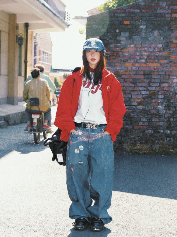 Red American Retro Letter Print Work Jacket for Women - Loose Fit Versatile Spring Jacket in Casual Style