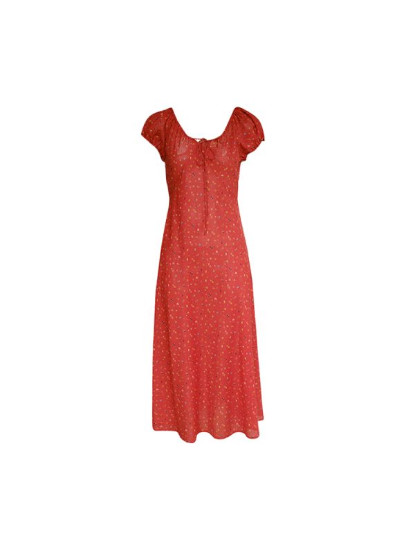 Red Floral Dress for Women, Loose Puff Sleeve Long Dress with French V-neck, Summer Flowers Design, Vintage Style, Perfect for Summer Outings