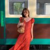 Red Floral Dress for Women, Loose Puff Sleeve Long Dress with French V-neck, Summer Flowers Design, Vintage Style, Perfect for Summer Outings