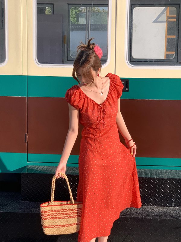 Red Floral Dress for Women, Loose Puff Sleeve Long Dress with French V-neck, Summer Flowers Design, Vintage Style, Perfect for Summer Outings
