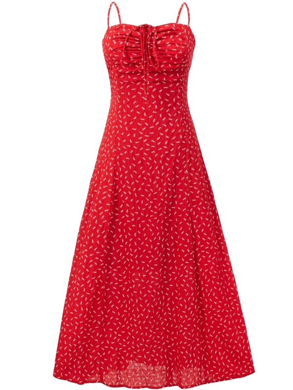 Red Floral Spaghetti Strap Dress for Women - 2025 Summer Ruffled Beach Vacation Dress in 90s Style