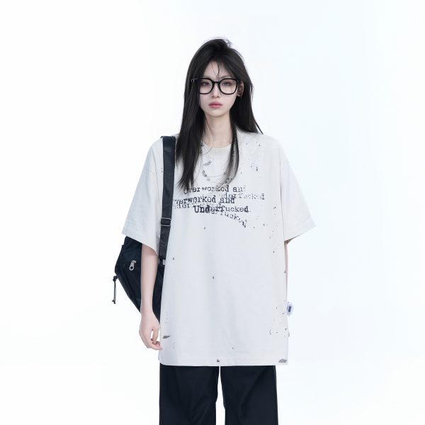 Red Ink Splash Design Short-Sleeve T-Shirt for Women - Trendy Summer Heavyweight Loose Fit, Casual Style