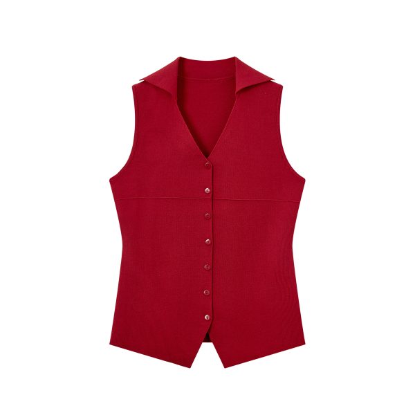 Red Knitted Vest Top for Women - 2025 Summer Polo Collar Sleeveless T-Shirt Blouse, Trendy Korean Style Fashion