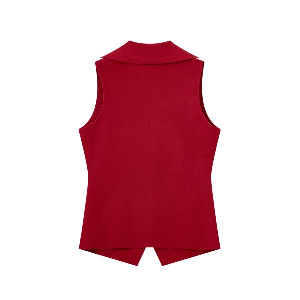 Red Knitted Vest Top for Women - 2025 Summer Polo Collar Sleeveless T-Shirt Blouse, Trendy Korean Style Fashion