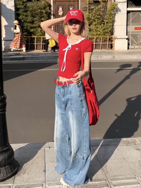 Red Lace V-Neck Short Sleeve Slim Fit Cropped T-Shirt for Summer - Unique Design for Spicy Girl Style