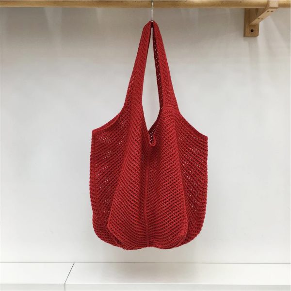 Red Large Hollow Woven Shoulder Bag - Casual Lazy Style, Handmade Korean Version 2025