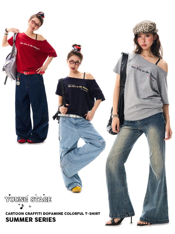 Red Off-Shoulder Short Sleeve T-Shirt for Women - Casual Spicy Girl Top, Versatile Summer 2025 Fashion, Y2K Style