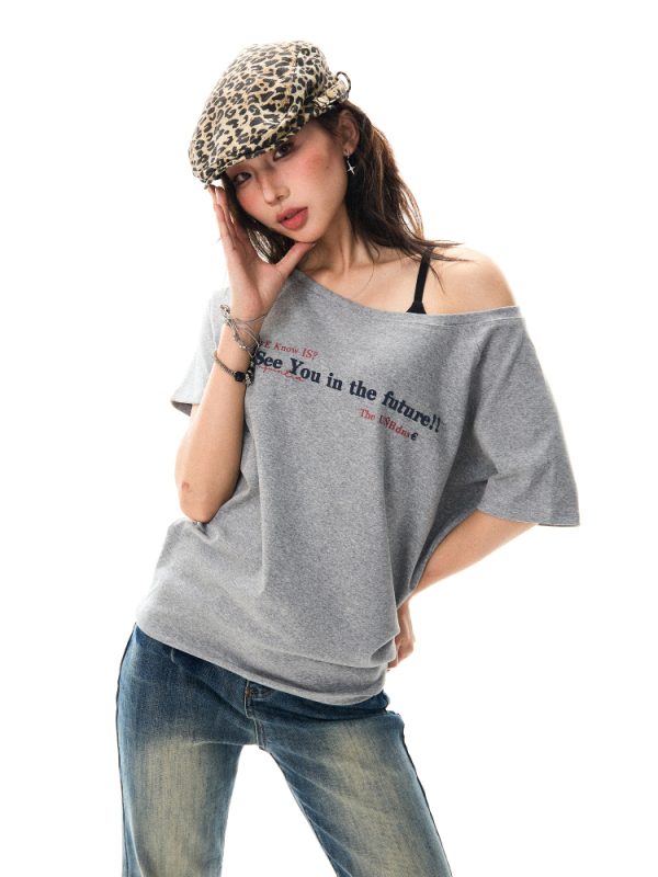 Red Off-Shoulder Short Sleeve T-Shirt for Women - Casual Spicy Girl Top, Versatile Summer 2025 Fashion, Y2K Style
