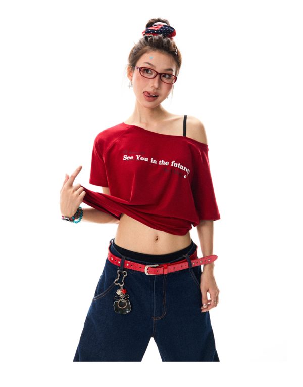 Red Off-Shoulder Short Sleeve T-Shirt for Women - Casual Spicy Girl Top, Versatile Summer 2025 Fashion, Y2K Style