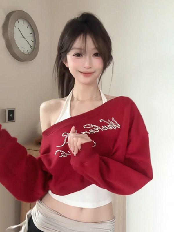 Red Off-Shoulder Sweatshirt Set for Women, Rhinestone Letter Detail, Long Sleeve, Loose Fit, Spring Fashion, Trendy Two-Piece Outfit