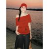 Red One-Shoulder Short Sleeve Women's Summer Letter Print Casual T-Shirt - Stylish Slanted Shoulder Top for Hot Girl Vibes